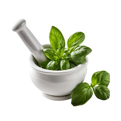 White ceramic mortar holds vibrant fresh basil leaves