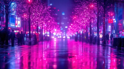 Night city street with pink lights reflecting on wet pavement.