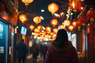 Fototapeta premium Illuminated lanterns hang over the street.
