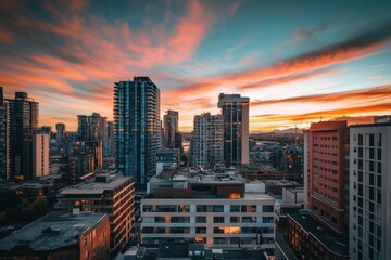Obraz premium Urban skyline at sunset showcasing vibrant colors over city buildings with scenic clouds