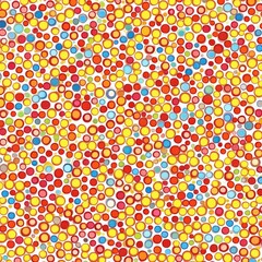 A vibrant abstract pattern featuring colorful bubbles in shades of red, yellow, and blue, creating a lively and playful atmosphere.