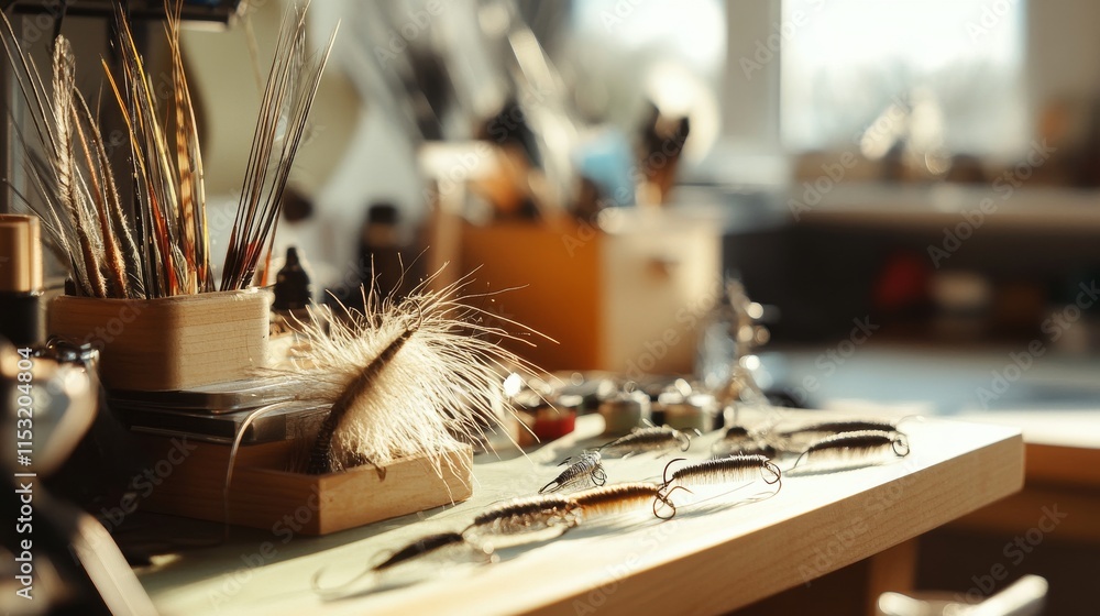 Aufkleber a serene fly tying setup with hooks and feathers meticulously arranged, a quiet workspace with natur