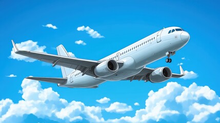 Obraz premium Airplane flying above fluffy clouds in a clear blue sky. (1)