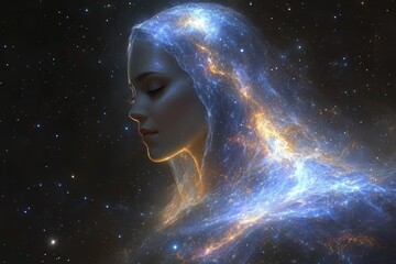 A serene female figure with a cosmic aura, blending seamlessly with the stars and nebulae, embodying the beauty of the universe.