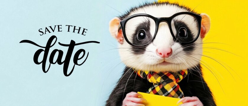 Adorable Ferret in Glasses Holding Save The Date Card for Wedding Invitation