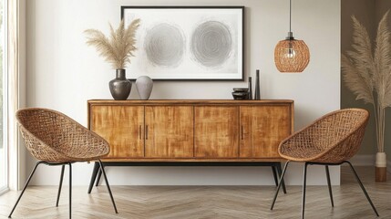 Mid-century modern living room with wooden sideboard, rattan chairs, and pampas grass.