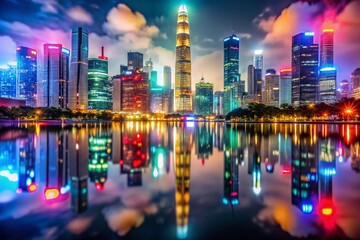 Fototapeta premium Macro Photography: Vibrant Night Lights of Guangzhou's Zhujiang New Town CBD Skyline