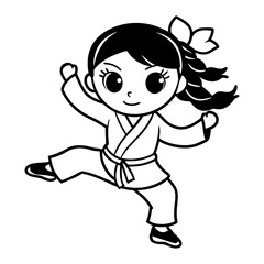 A cute girl is practicing karate line art illustration