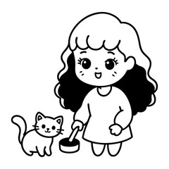A cute chibi girl is playing with her cat line art illustration