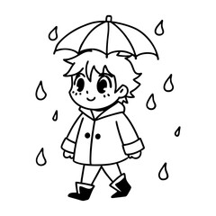 Adorable chibi boy is walking in the rain line art illustration