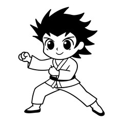 Adorable chibi boy is practicing karate line art illustration