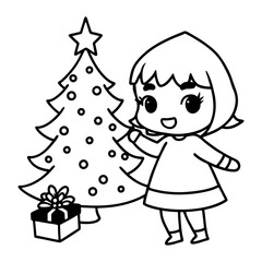 A Cute chibi girl decorating a Christmas tree line art illustration