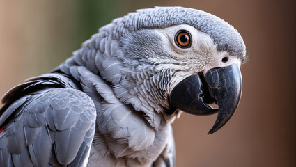 Fototapeta premium Vivid hyperrealistic macro photography of a gray parrot perched outdoors under natural light