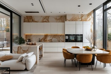 Fototapeta premium Modern minimalist kitchen with white cabinets, marble backsplash, black countertop in Scandinavian style, neutral tones, clean lines, wide-angle shot of home studio apartment.