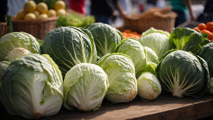 Fresh organic cabbages displayed at a local farm market during morning hours