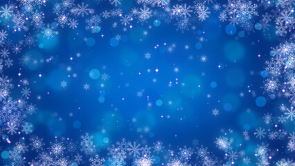 blue christmas frame background with snowflakes and golden shiny stars, christmas and new year holiday social media wallpaper