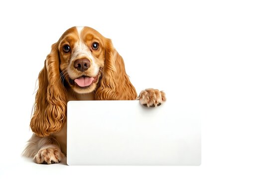 smiling white and light Adult brown dog cocker spaniel looking with wavy fur at front holding a large whiteboard sign isolated with the paws over the sign
