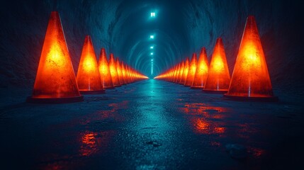 Naklejka premium A tunnel with orange cones lining the walls