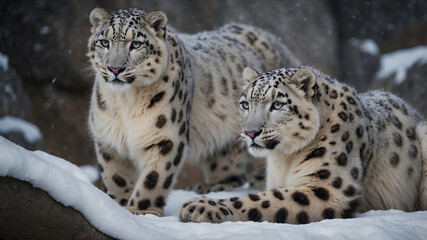 Naklejka premium Beautiful snow leopards exploring snowy rocks in a winter environment at dawn