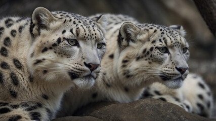 Snow leopards in natural habitat observing their surroundings with keen interest during the twilight hours