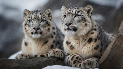Fototapeta premium Vision XL snow leopards resting together in a snowy landscape during winter conditions