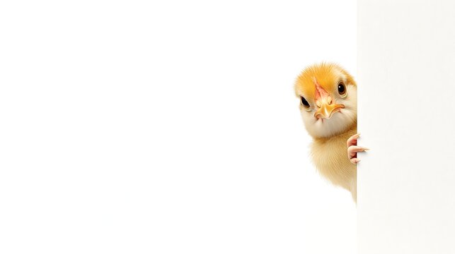 Funny real chicken peeks out from around the corner Isolated on white background