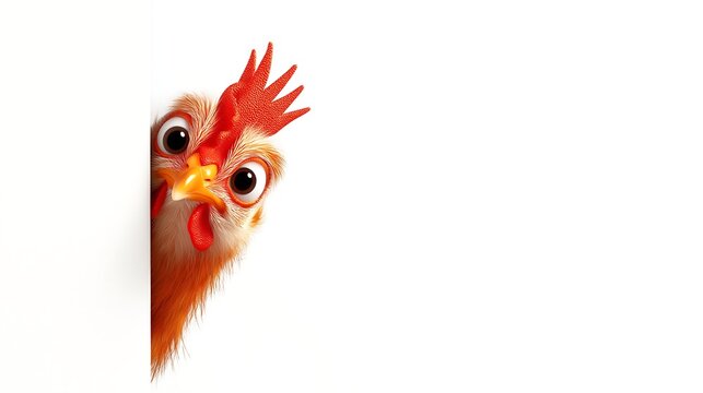 Funny real chicken peeks out from around the corner Isolated on white background