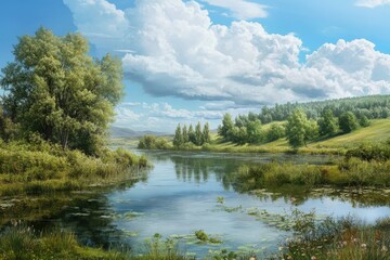 Serene landscape with a tranquil river and lush greenery under a bright blue sky