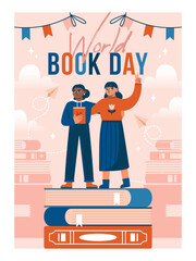 World Book Day. Banner template with young women, who holding book and standing on big stack of books. Vector illustration with naive cartoon persons, who love reading. Flat Design. Cute card.