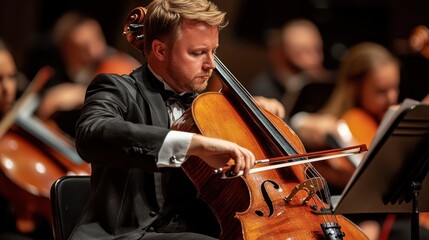 Fototapeta premium Cello Player in an Orchestra Setting