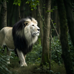 Fototapeta premium a lion in the woods with a black mane and whit