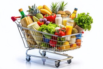 Macro Shot of Overflowing Supermarket Shopping Cart Filled with Groceries & Household Goods