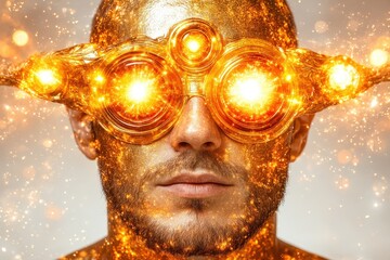 A close-up of a male model with golden skin and bright, sparkling goggles, exuding a futuristic and magical vibe.