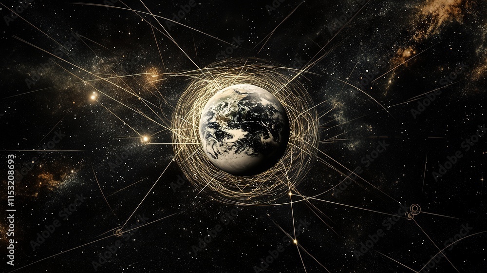 Poster earth surrounded by connection lines and circles in cosmic background