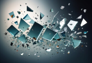 background of broken pieces of glass turned at different angles, flying in space, reflecting glare of light