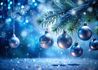 Magical Christmas Blue Winter Background: Long Exposure of Festive Balls, Snowflakes & Fir Branches