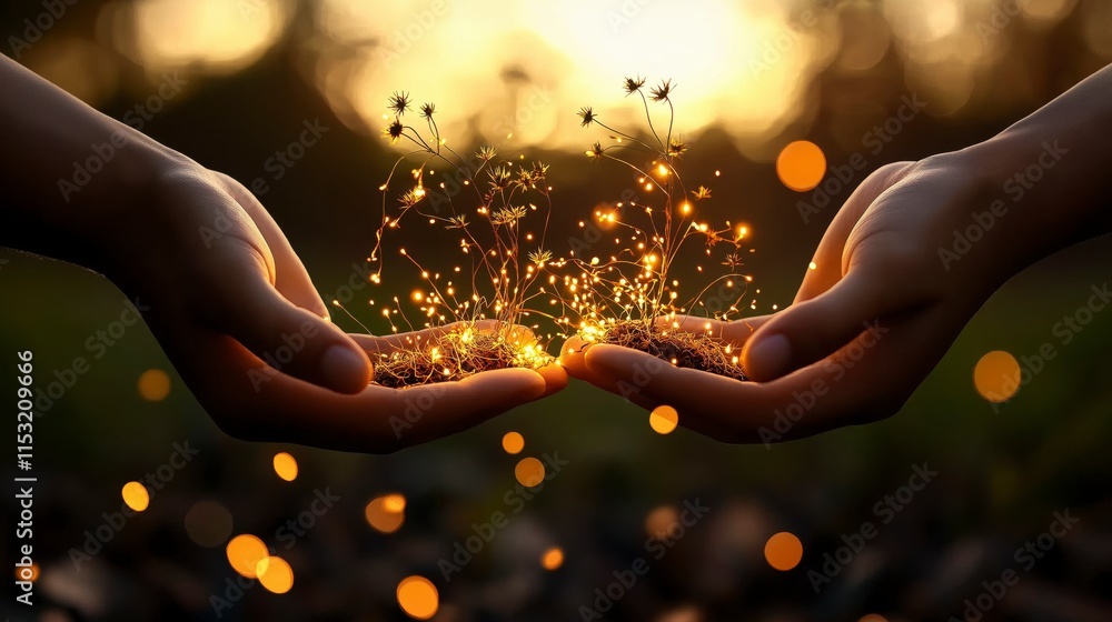 Poster hands nurturing growth with sparkling light and nature's elements representing renewal and connectio