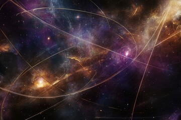 Obraz premium A mesmerizing cosmic scene featuring vibrant nebulae and luminous stars in a captivating blend of purple and gold hues.