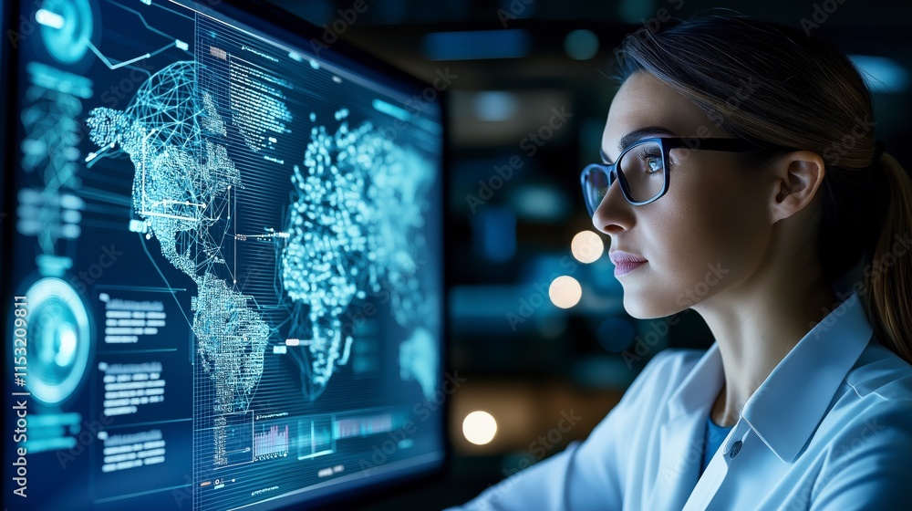 Poster professional woman engaged in leading virtual presentation with advanced technology displaying globa