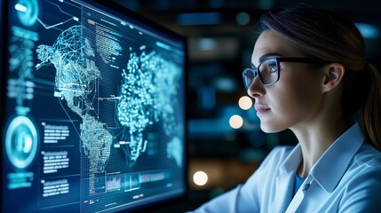 Obraz premium Professional Woman Engaged in Leading Virtual Presentation with Advanced Technology Displaying Global Data Analytics in Modern Workspace