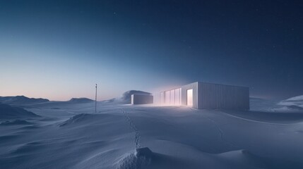 A serene winter landscape featuring modern structures amidst snow and twilight.