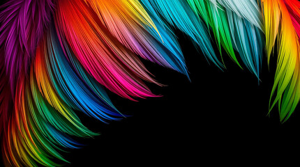 Fototapeta premium A vibrant abstract feather texture with rainbow colors set against an intense jet black background.