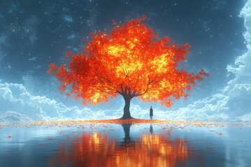 Fototapeta premium A serene scene featuring a solitary figure gazing at a vibrant orange tree reflected in calm waters beneath a starry sky.
