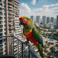 A parrot on a balcony of a high-rise apartment overlooking a vibrant cityscape.