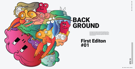 cute monster doodle art background. smile, eyes, beak, bird, scram, illustration design