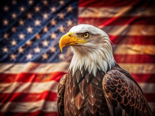 Naklejka premium Majestic Bald Eagle Soaring Before a Weathered American Flag - Patriotism, Freedom, and National Pride Stock Photo