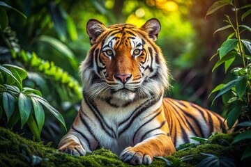 Majestic Bengal Tiger Resting in Lush Jungle Shade