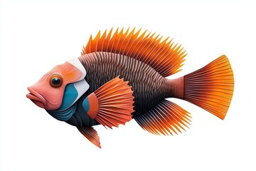 Fototapeta premium A colorful, stylized fish with pronounced fins and intricate patterns swims gracefully against a plain background.
