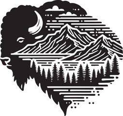 A bison head silhouette merged with mountain landscape elements