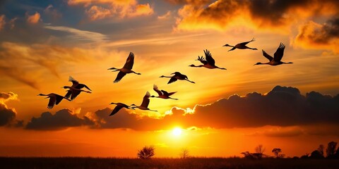 Majestic Bird Silhouettes at Sunset: Copy Space for Design